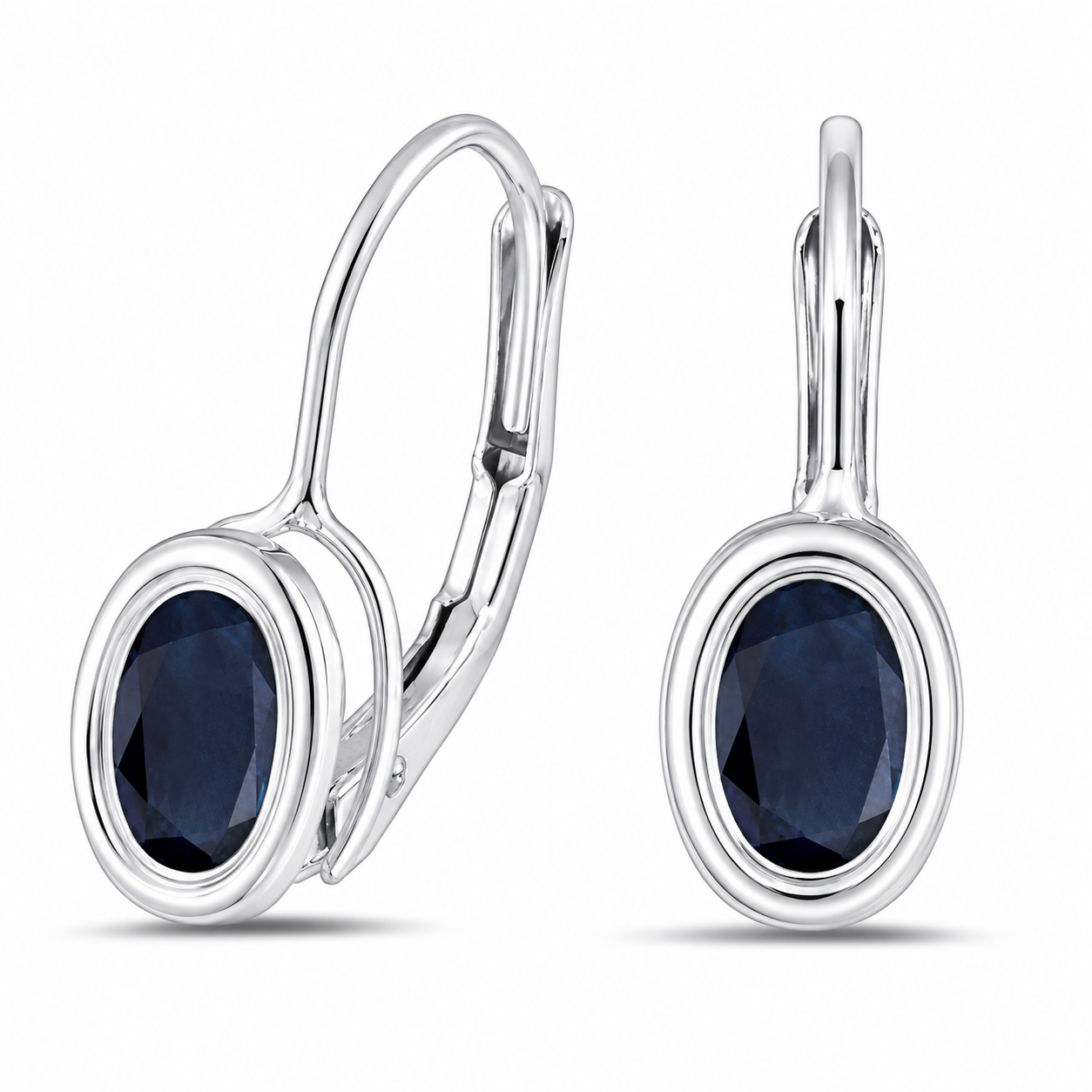 Bezel-Set Oval Blue Sapphire Lever-Back Earrings 14k White Gold