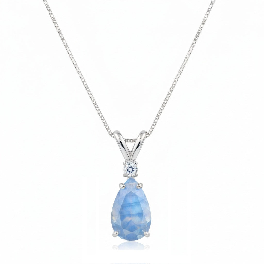 Pear Lab Moonstone & Diamond Solitaire Pendant Necklace 14k White Gold (0.75ct)