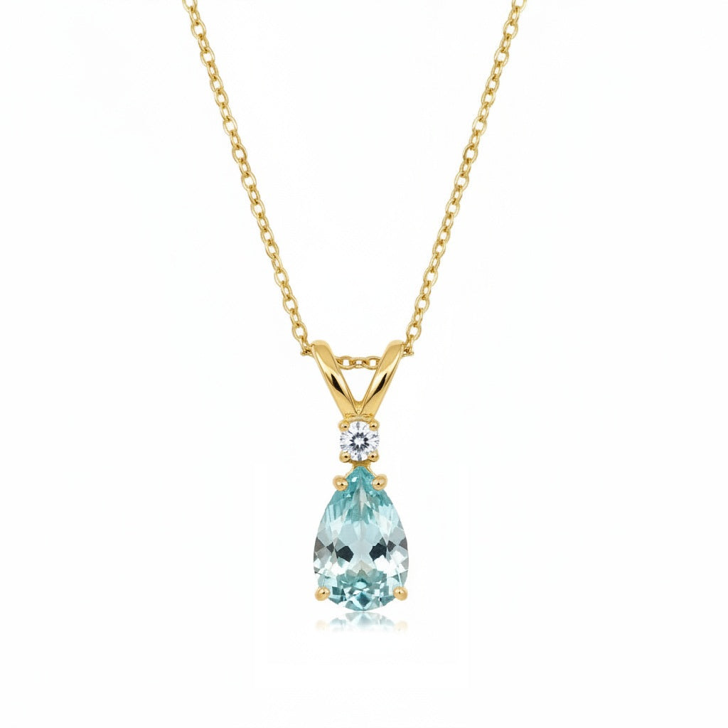 Pear Aquamarine & Diamond Solitaire Pendant Necklace 14k Yellow Gold (0.75ct)